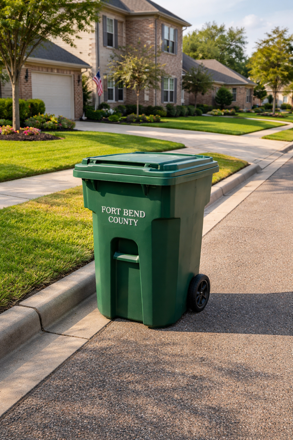 Residential trash cans ready for professional cleaning service in Fort Bend County, Texas
